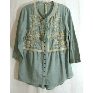 Aratta Silent Gourney Green Beaded Tassel Tie Button Down Shirt Size XS EUC